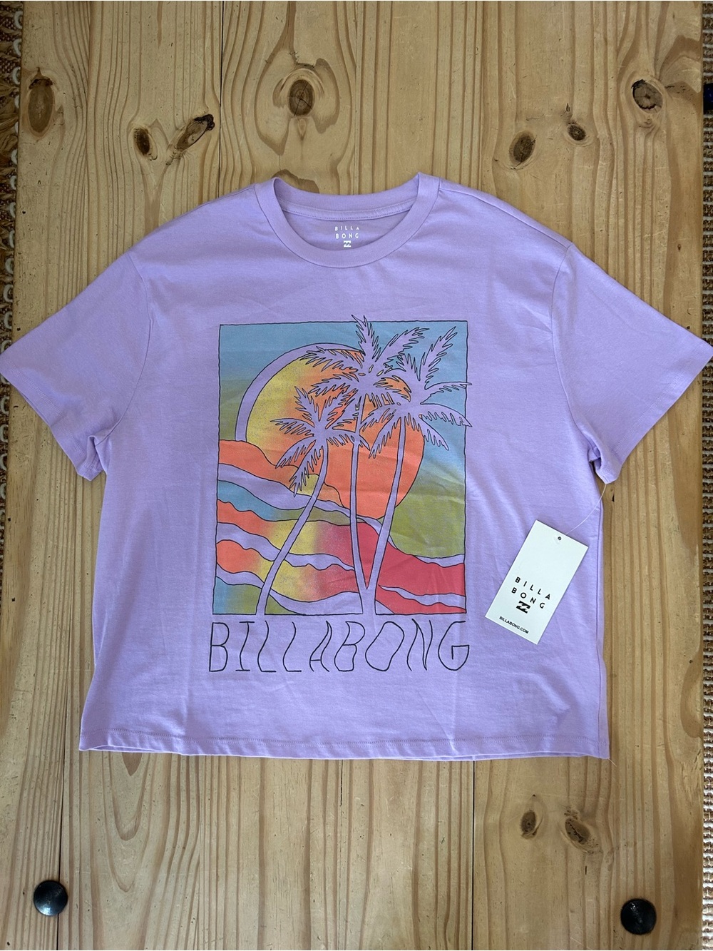 NWT Billabong Lavender Short Sleeve Tee with Sunset Palm Graphic